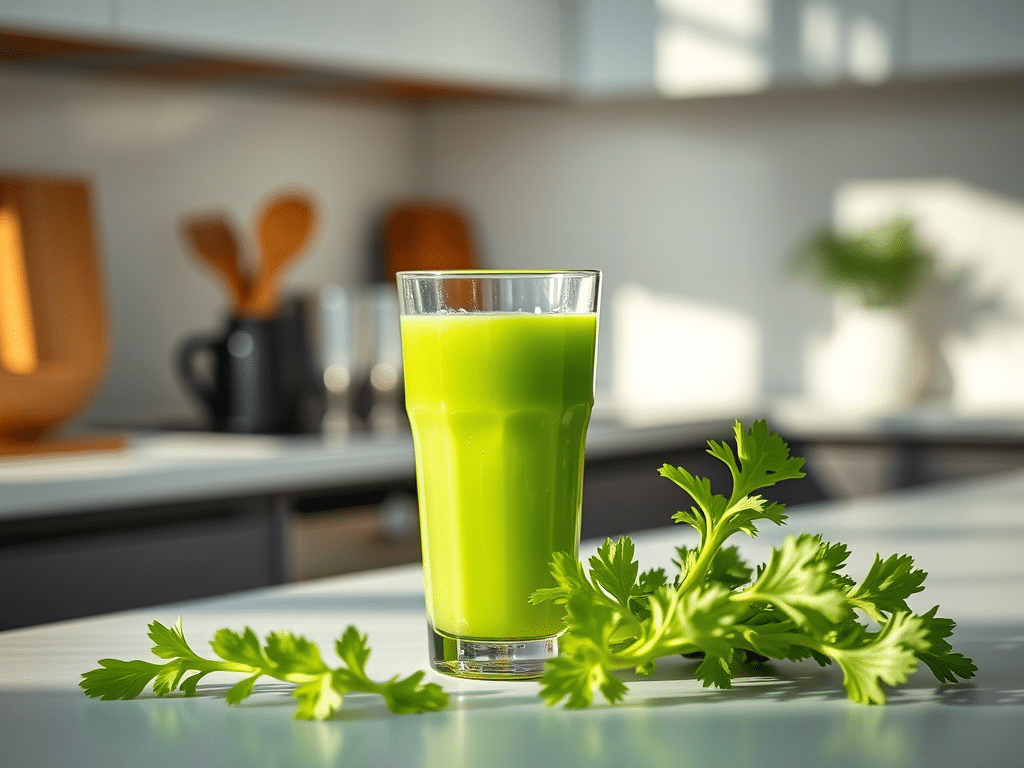 A fresh glass of celery juice on a kitchen counter.