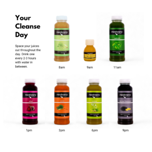 Juice bottles with timings for the Natural Juice Reboot Cleanse, showing the suggested schedule for each day.